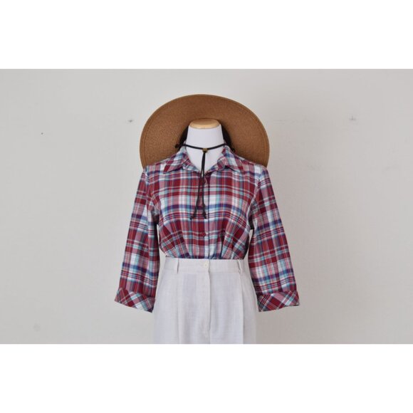 Vintage 90s Red Plaid Button up Blouse by CHIC | size S - Picture 10 of 10